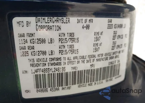 2000 Jeep Cherokee Sport из США, поврежденный, VIN 1J4FF48S5YL246195